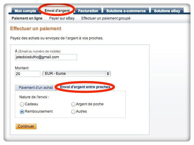 comment faire un virement paypal par mail