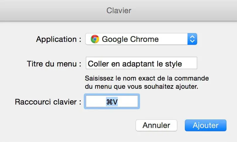 Création d'un nouveau raccourci pour un titre de menu de Chrome