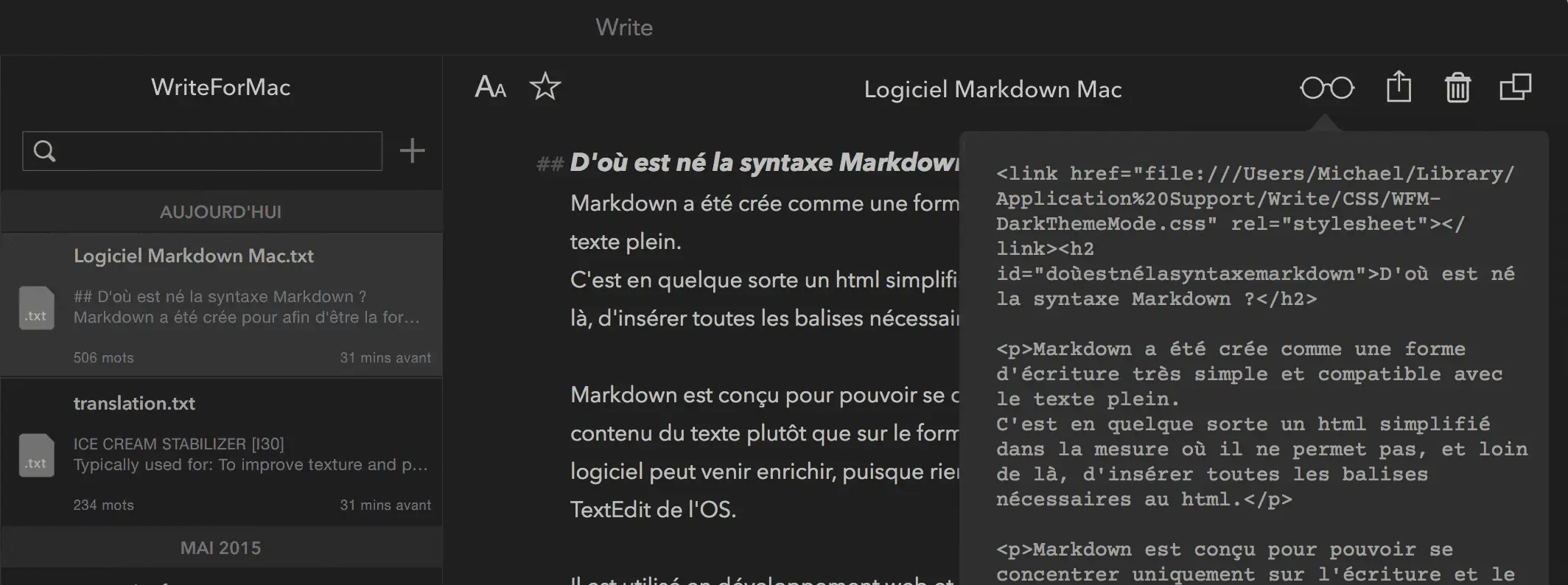 Logiciel de markdown mac write en mode sombre