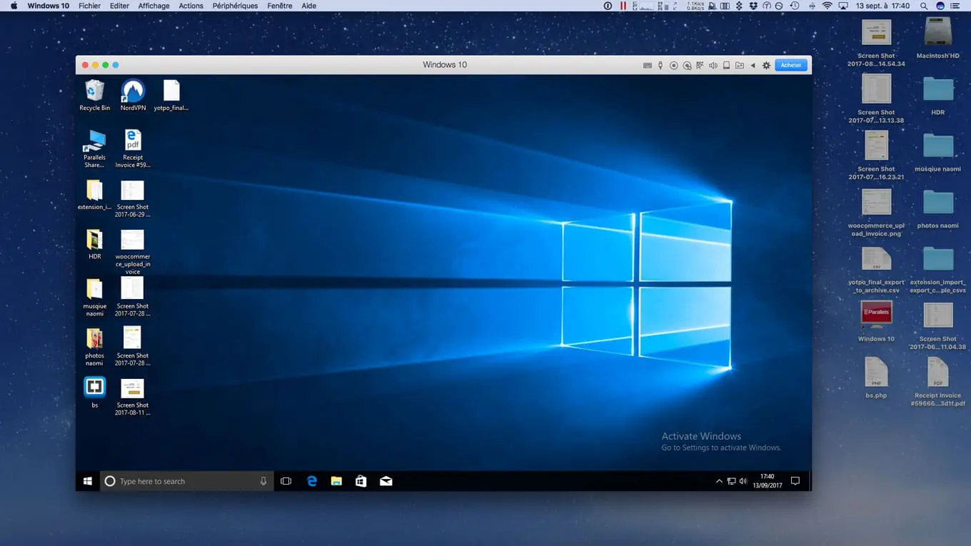 Fenêtre de Windows 10 sur le mac