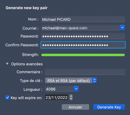 Génération d'une paire de clés PGP avec GPG Keychain